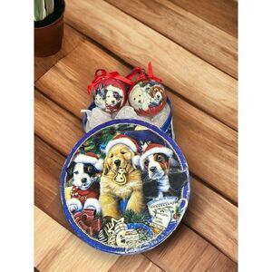 Vintage 2pc Paper Mache Style Puppy Dog Christmas Glossy Ornaments In Container